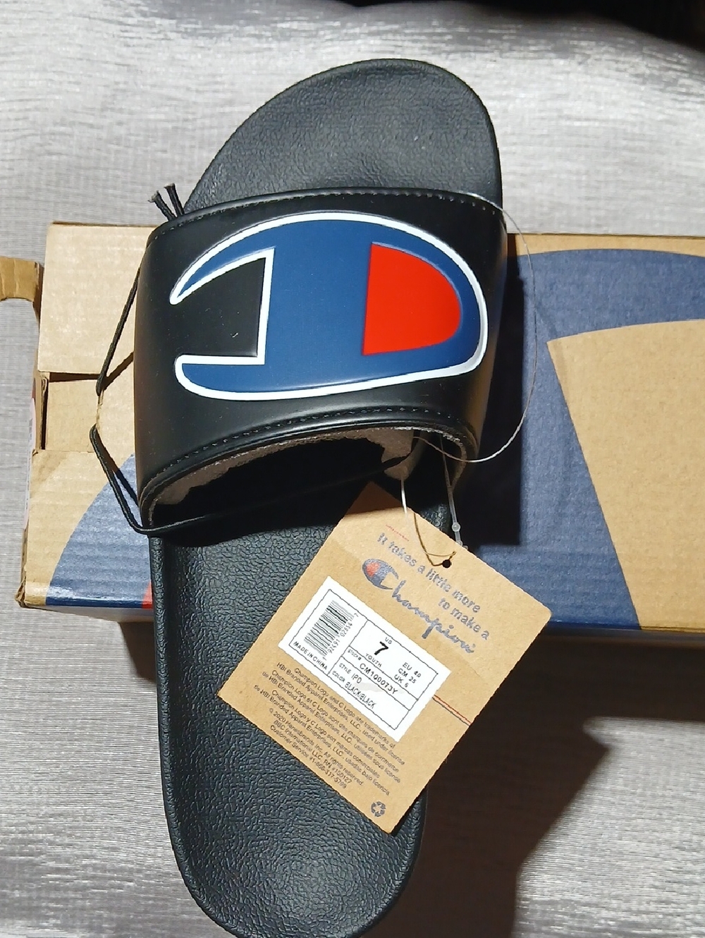 Champion Black Slide Sandals with Blue & Red Logo Accent